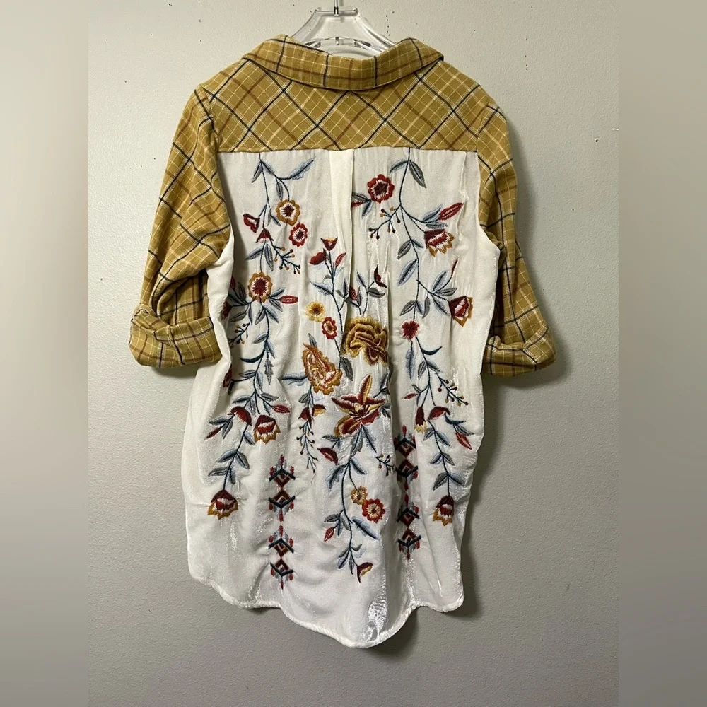 Kyla Seo Embroidered Velvet Back Gold Plaid L Boho Western Prairie Cottagecore - Picture 4 of 9